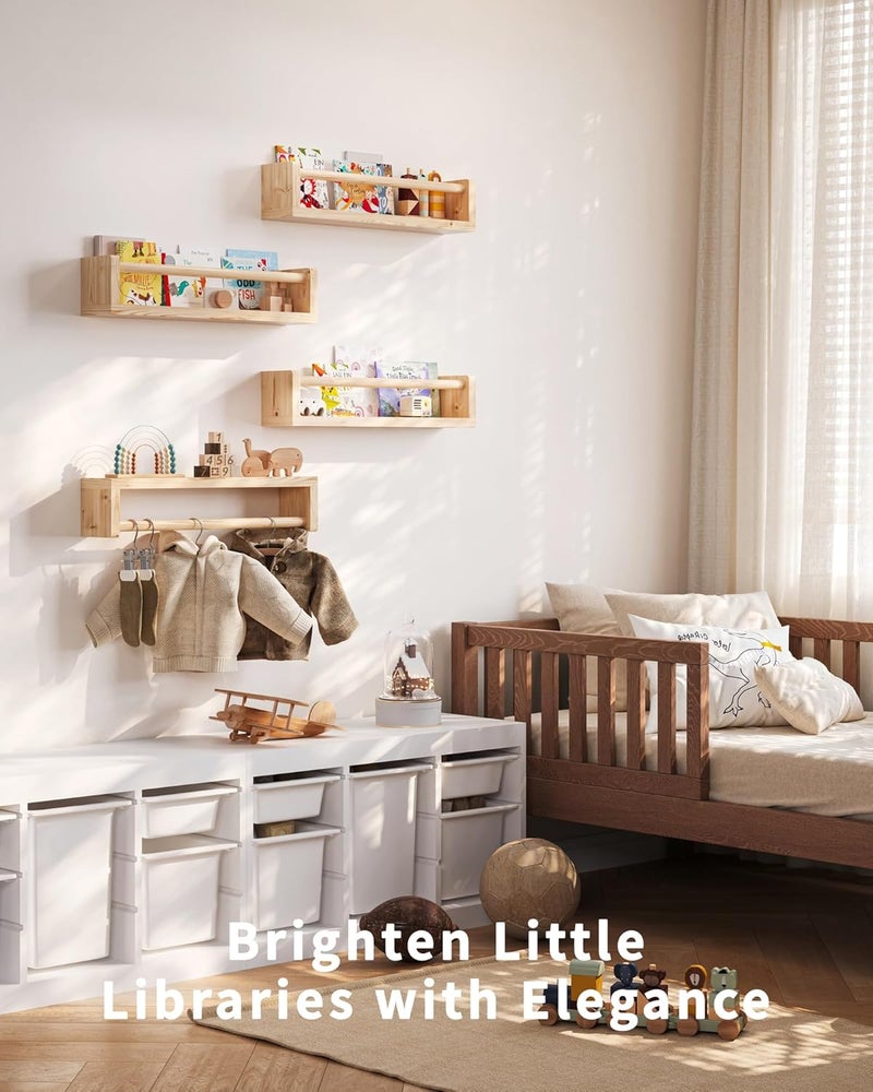 Seocry Nursery Wall Bookshelf Set of 4, Floating Bookshelves for Kids' Rooms, Toddler Bedroom Decor, Nursery (Wood, 16.5 Inches) - Image 5